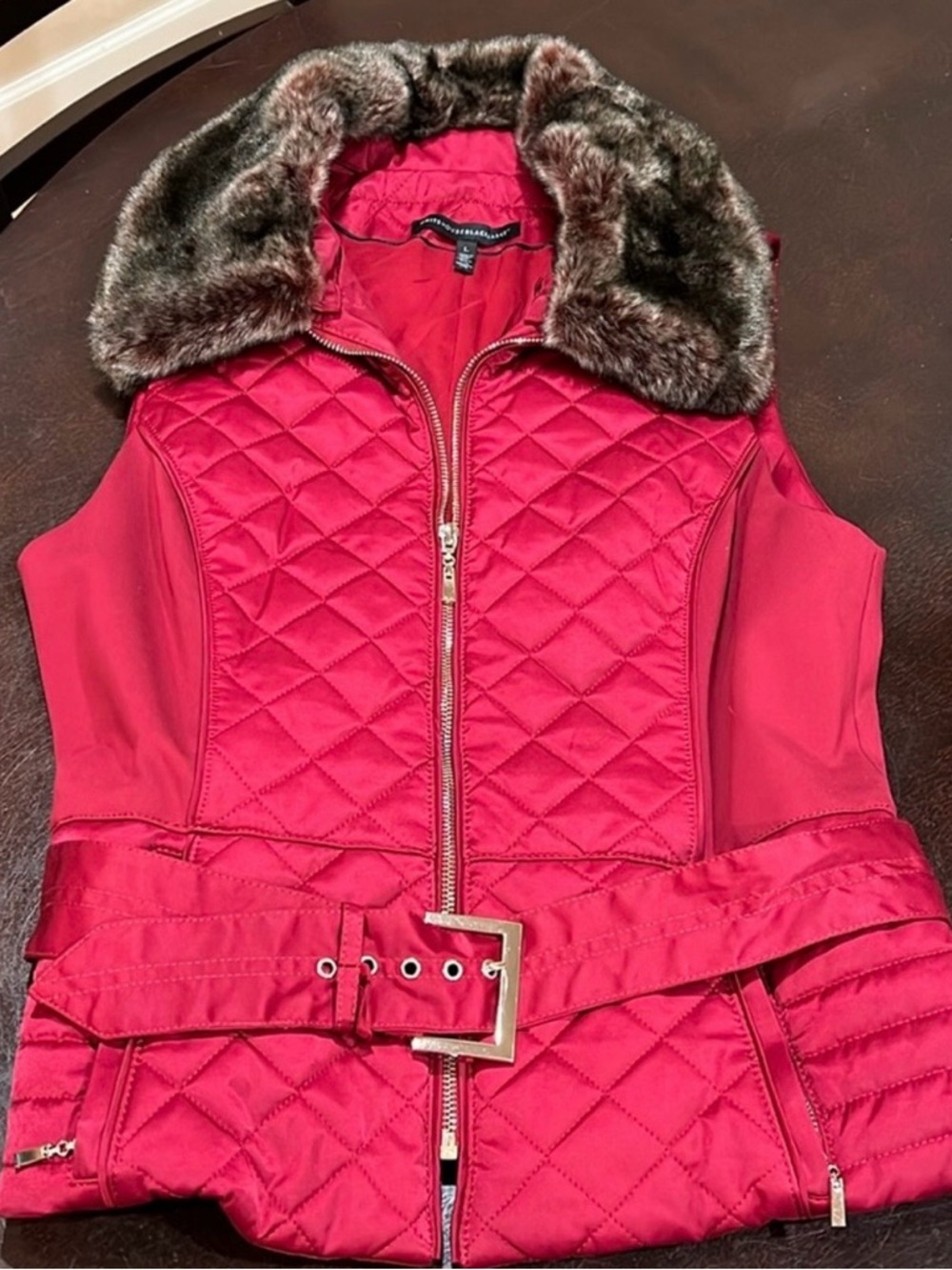 White House Black Market Red Quilted Vest with Faux Fur Collar